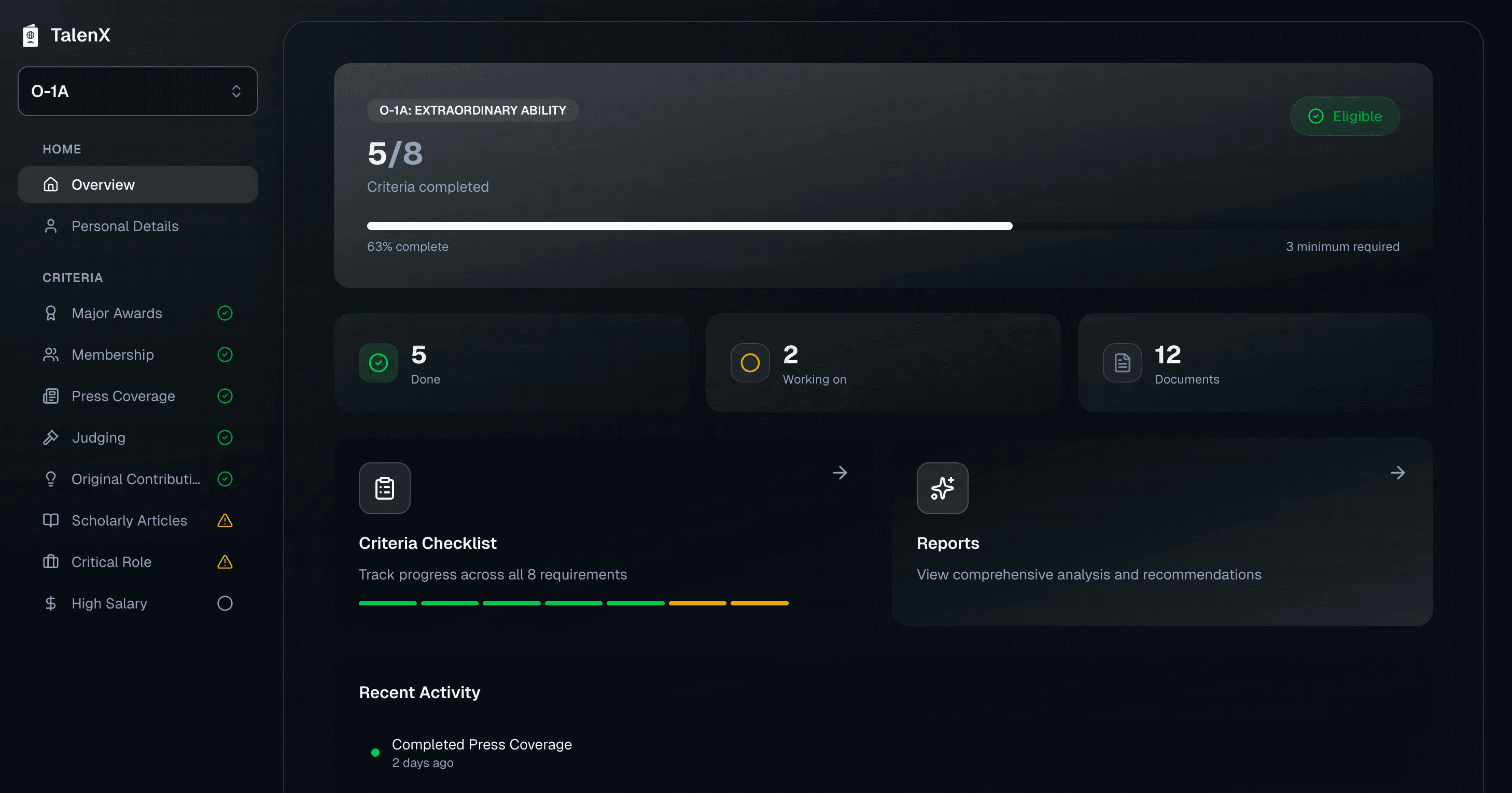 TalenX Dashboard - Track your visa criteria progress