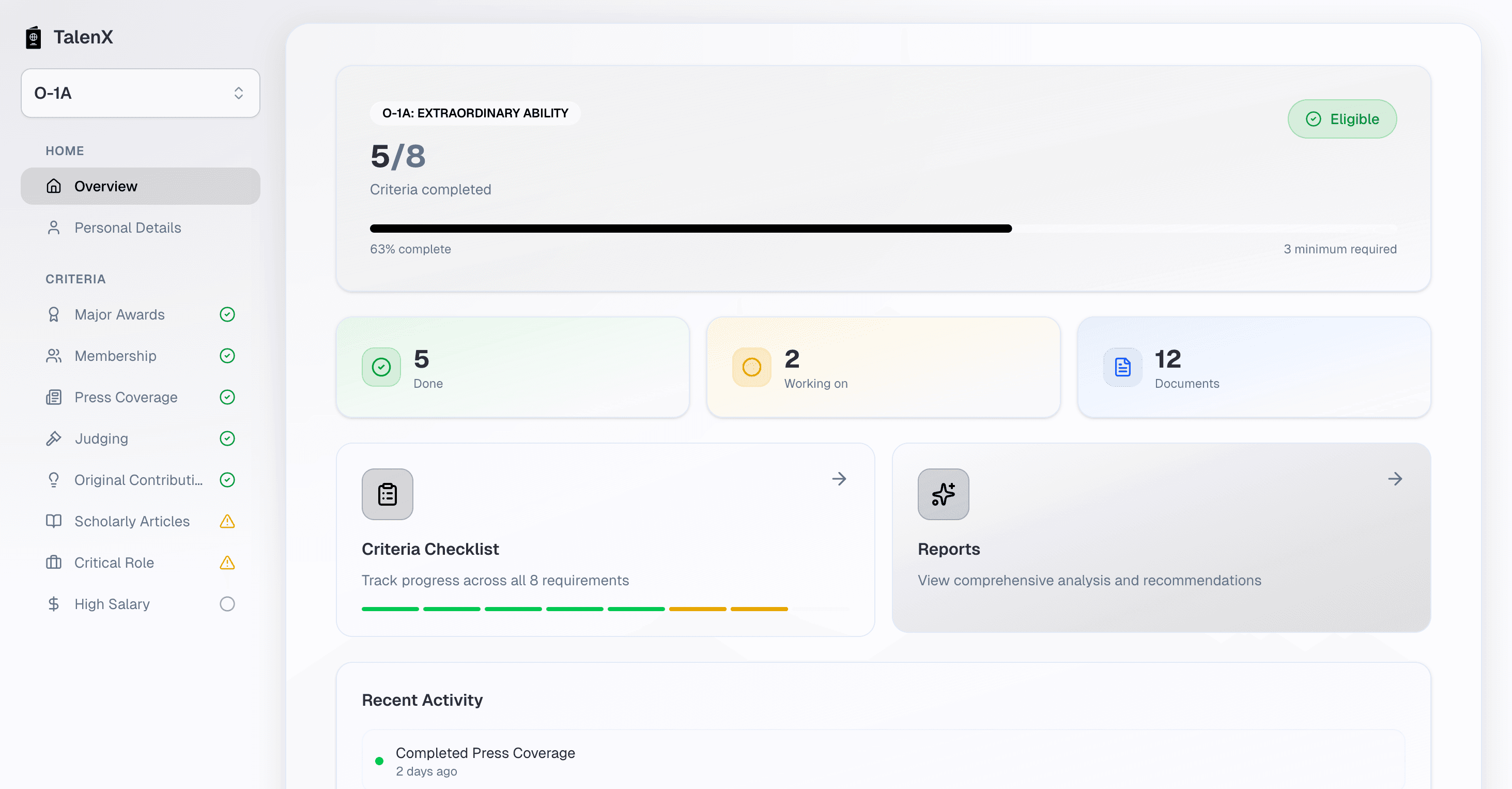 TalenX Dashboard - Track your visa criteria progress